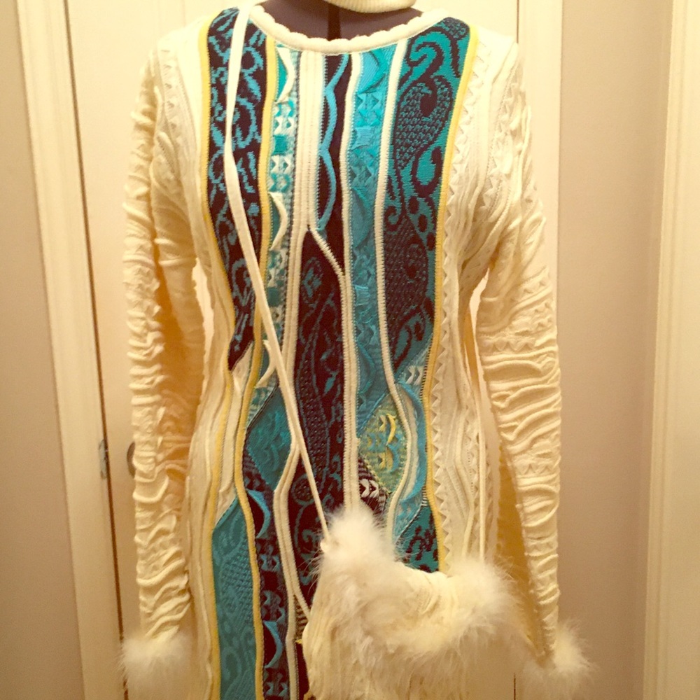 Ivory Coogi Knit Dress with faux fur, cap & purse